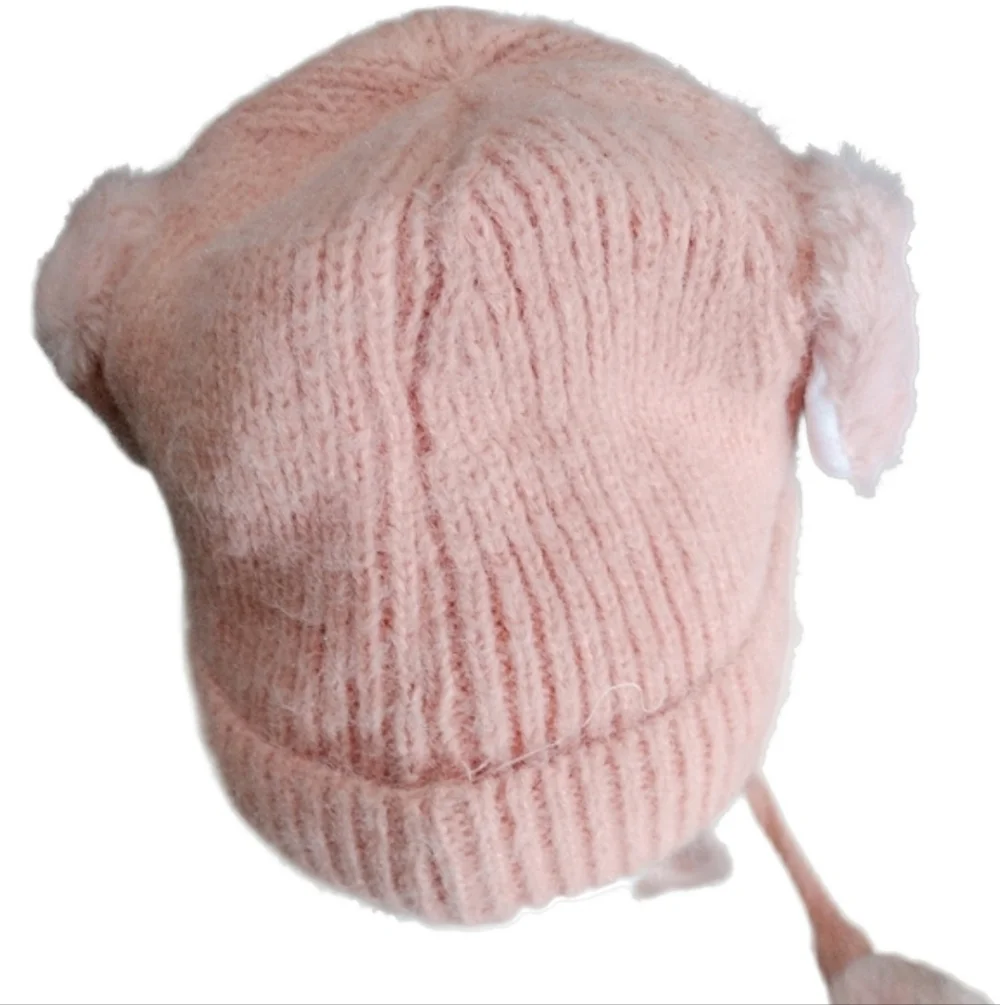Hello Kitty Pink Knit Beanie with Pom Poms and Red Glitter Bow EARS MOVE! NEW!
